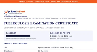 Example tuberculosis examination certificate
