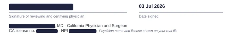 The certificate's physician signature block (example)