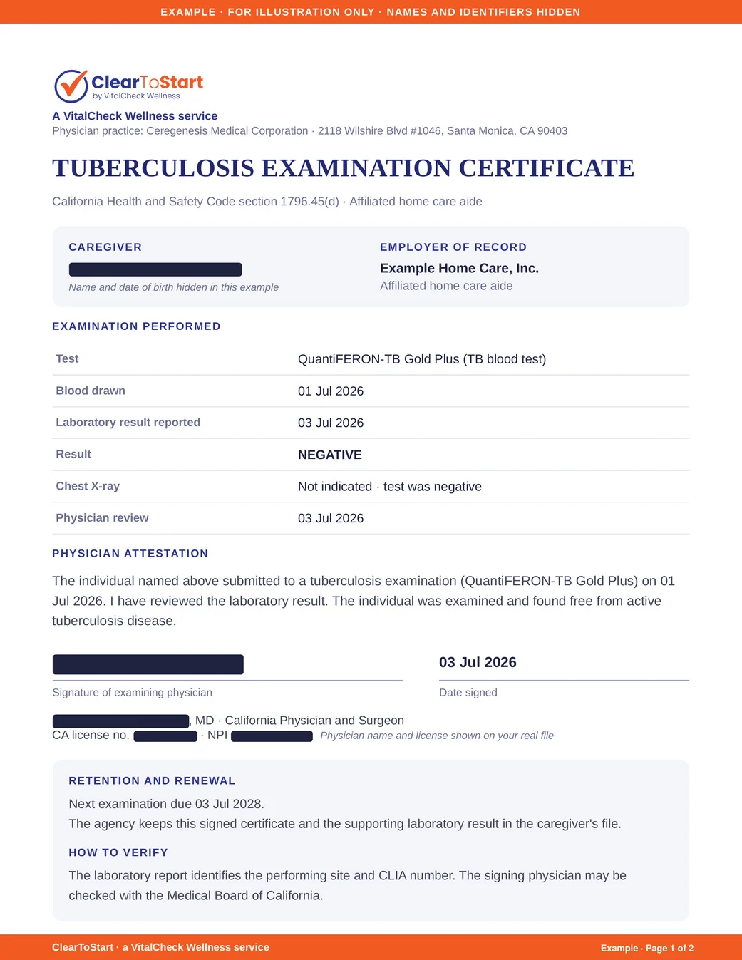 Tuberculosis examination certificate (example)