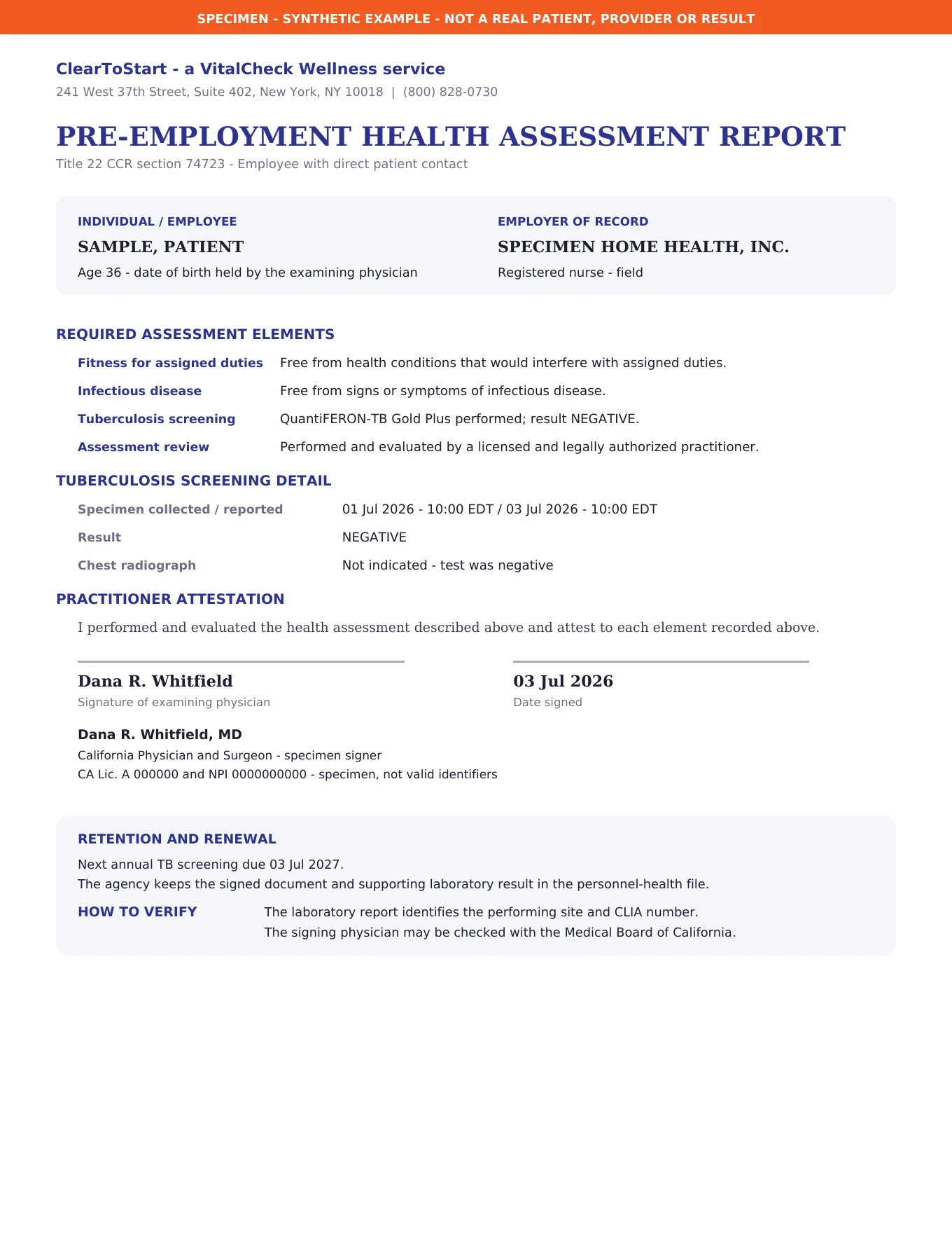 Synthetic California home health agency pre-employment health assessment report showing fitness and infectious-disease statements, TB screening, practitioner signature, annual renewal date, retention note and verification instructions